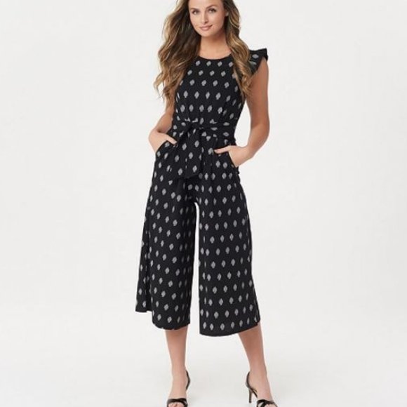 Du Jour Pants - Du Jour Petite Printed Knit Jumpsuit w/ Tie Front